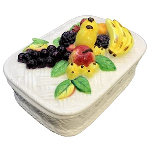 Vintage Keramik Schmuckkästchen weiß geflochten Korb mit bunten Sorten Obst auf Deckel - Bild 1 von 11