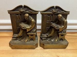 Vintage Solid Brass Finish Bookends Monk Scholar Bishop Reading Library ~7” Tall - Picture 1 of 9