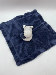 Carters Hippo Lovey Security Blanket Navy Blue Gray Plush 14" Baby Rattle 2015 - Picture 1 of 7