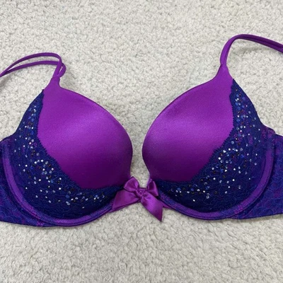 Victoria Secret Bra 36B Push Up Bra Very Sexy Push-Up Purple Blue Lace - Image 1 of 4
