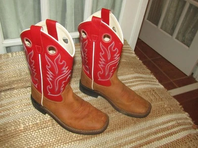 Old West  Brown Red Leather Western Boot Square Toe Youth Sz 2.5 Style BSC1883 - Image 1 of 4
