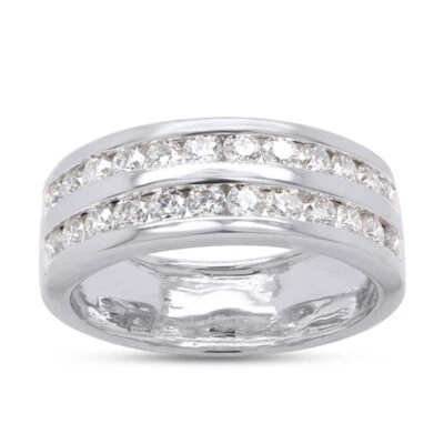 Alianza de boda para hombre anillo corte redondo circonita cúbica enchapado en oro blanco de 14K plateado Foto 1 de 4