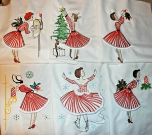Weihnachten Retro Vintage Dame 12 QUILT Blöcke bestickt SET 1 - Bild 1 von 2