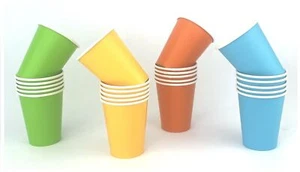 9oz Disposable Paper Drink Cups Orange Green Blue Yellow Birthday Supplies Pa... - Picture 1 of 4