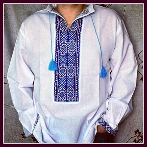 VYSHYVANKA Mens Ukrainian hand satin stitch blue Embroidered LINEN White SHIRT - Picture 1 of 2