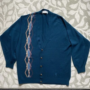 Vintage Lyle & Scott 100 % Lammwolle Argyle türkis Strickjacke Pullover Knopf Large - Bild 1 von 16