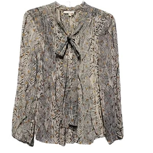 Anthropologie Meadow Rue Fliege Bluse Elfenbein Grau Feder Print Gr. S Büro - Bild 1 von 9