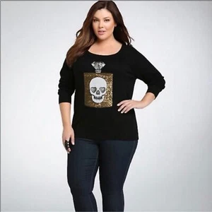 Torrid 1X Skull Perfume Sequin Black Long Sleeve Sweater Goth Witchy - Picture 1 of 7