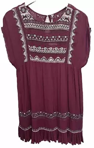 FREE PEOPLE Women’s Mini Dress Size XS Embroidered Burgundy Crew Neck New - Picture 1 of 8