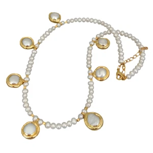 18.5" Freshwater Cultured White Pearl Necklace White Coin Pearl Charm - Picture 1 of 6