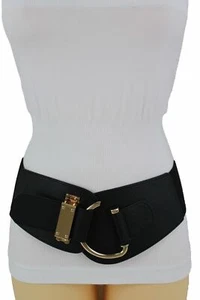 Western Women Wide Cinch Black Faux Leather Belt Gold Hook Buckle Fit Size S M - Picture 1 of 12