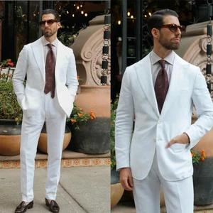 Summer White Linen Suits for Men's Breathable Single Breasted Suits Casual Fit - Picture 1 of 14