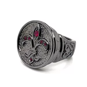 925 Sterling Silver MenÃ¢ÂÂs Ruby Fleur De Lis Signet Ring Sz 10 - Picture 1 of 5