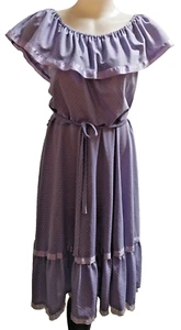 Vintage 1970s M-L Micro Polka Dot On / Off T Shoulder Frilled Party Dress & Belt - Picture 1 of 5