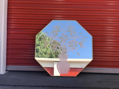 Windsor Art Vintage Etched Glass Mirror "Tiger Lily" in Octagonal Brass Frame Cover
