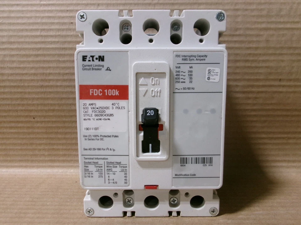 EATON CUTLER HAMMER WESTINGHOUSE New Take Out Eaton FDC FDC3020 3 Pole 20 Amp 600V R/S Circuit Breaker