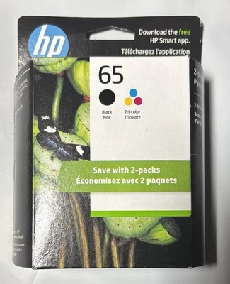 Genuine HP 65 Black & Tri-Color Ink Catridges 2 Pack EXP: 02/27 NEW Sealed Box - Image 1 of 2