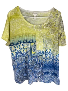 CHICO'S Zenergy Shirt Size 3 Womens XL Green Blue Floral Spring Summer Preppy - Picture 1 of 3