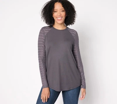 Top para mujer LOGO by Lori Goldstein talla M manga larga acanalado y encaje amarillo A667537 Foto 1 de 4