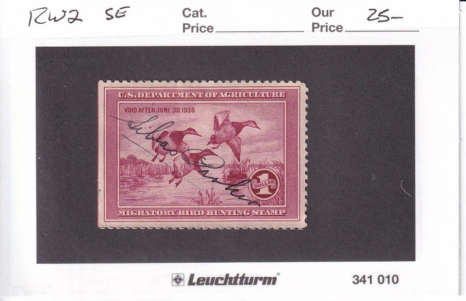 U.S.: Sc # RW2, $1 Federal Duck Hunting Stamp, Used (Straight Edge) (E15632) - Image 1 of 1