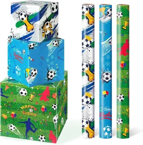 Soccer Wrapping Paper - 3 Rolls 17”X 120”Football Wrapping Paper for Men Kids Bi - Picture 1 of 7