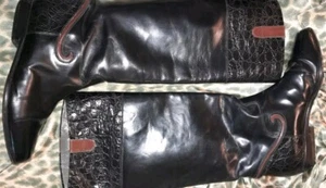 Vtg 80s 90s BALLY Scroll Brown Black RARE Alligator Trim Leather ITALY Boots 7 M - Picture 1 of 9