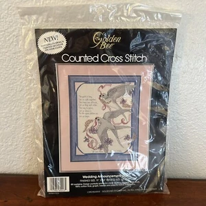 Vintage 1986 Golden Bee Wedding Announcement Birds Cross Stitch Kit 60243 - Picture 1 of 4