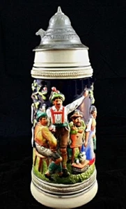 Piedra de cerveza alemana con tapas de peltre original vintage 1 litro #06 hecha a mano - Imagen 1 de 4