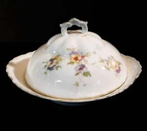 Herman Ohmne Silesia Germany China Cheese Butter Dish Gold Trim Floral Pattern - Picture 1 of 12
