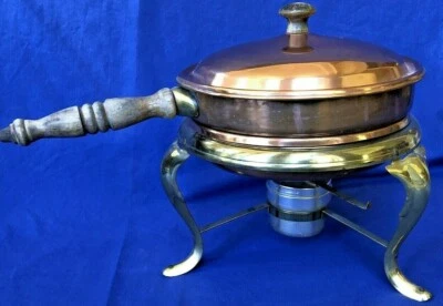 Vintage Copper Chafing Dish with Wooden Handle - Brass Plate Legs - Image 1 of 4