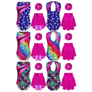Girls Outfit Skirt Suit Workout Set Gymnastic Uniform Bodysuit Activewear Dance - Picture 1 of 25