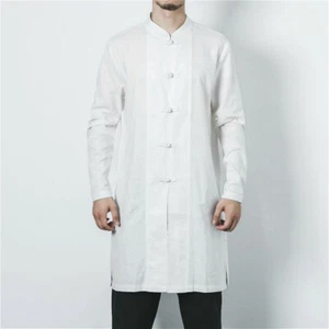 Men Chinese Kung Fu Long Jacket Top Midi Tang Suit Martial Art Shirt Loose Chic - Picture 1 of 21