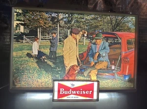 Vintage 1950s Budweiser Beer Lighted Sign Guys Hanging Out Trophy Dog - Picture 1 of 24