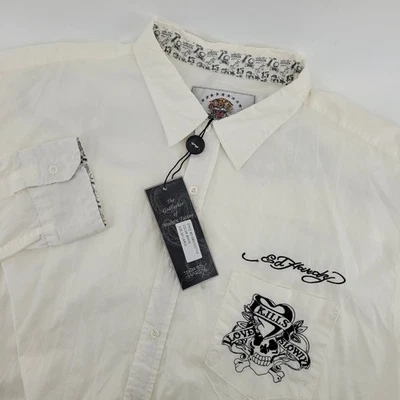 Camisa Ed Hardy Christian Audigier XXL Blanca Algodón Abotonada Calavera Tatuaje Estampado Foto 1 de 4