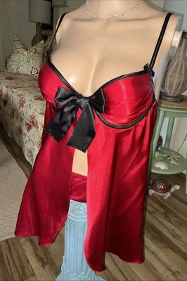 NEW Cabernet Size SMALL 2Pc Red Satin Fly Away Chemise, Black Bow W/Thong Panty - Image 1 of 4