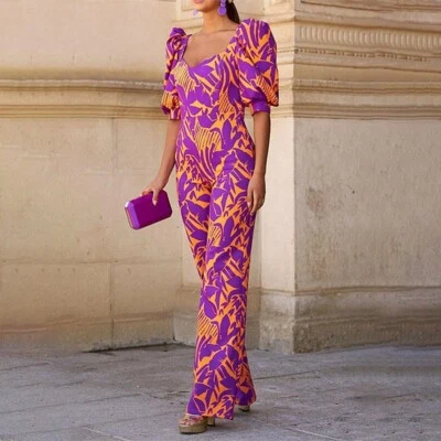 Macacão elegante manga lanterna gola V cintura apertada sexy verão calça larga tops - Imagem 1 de 4