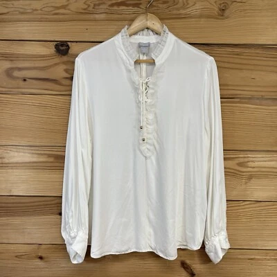 Chicos Shirt Womens XL 3 Lace-Up Ruffle Neck LS Blouse 100% Modal Bishop B142 Foto 1 de 4