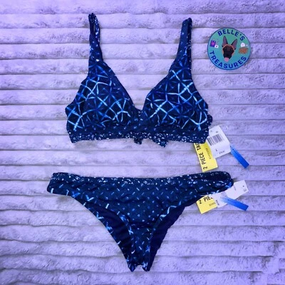 Lucky Brand Bikini Large Blue Tie Dye Swimsuit Adjustable Top Cheeky Bottom Boho - Image 1 of 4