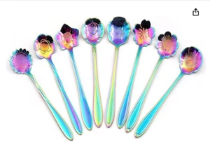 Flower Spoon Set of 8 Stainless Steel Teaspoon Coffee Espresso Tea Rainbow - Picture 1 of 5