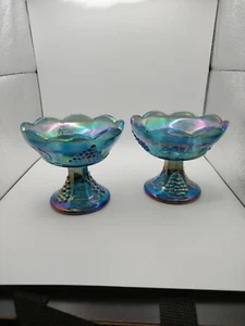 Vintage 2er Set Kerzenhalter Indiana Glas Weinlese blau Karneval Glas - Bild 1 von 12