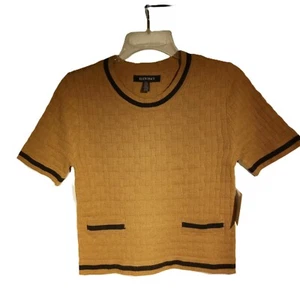 Suéter ELLEN TRACY PEQUEÑO Camel/Tostado Tejido de Cesta Borde Negro ETKF4013R NUEVO CON ETIQUETAS - Imagen 1 de 11