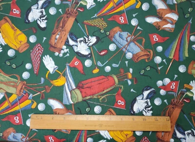 Daisy Kingdom Art of Golf Allover Cotton Fabric 1997 Bag Glove Ball Toss 2 Yards - Image 1 of 3