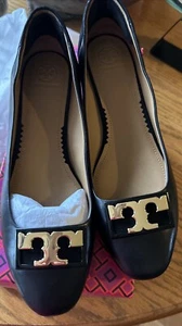 Gigi 20 MM round toe flat calf leather/silk suede Tory Burch perfect black 9 1/2 - Picture 1 of 10