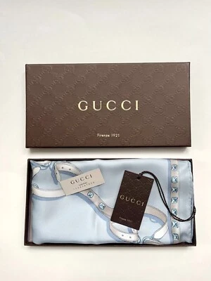 New Gucci Scarf with Gift Box GG Logo Straps Chains Brown Blue Silk Wrap - Image 1 of 4