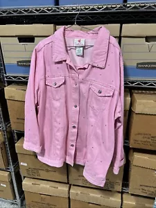 Quacker Factory Pink Denim Jacket Rhinestones Size 2X Box L - Picture 1 of 6