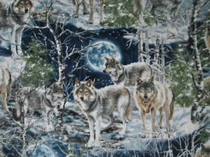 REALISTIC WOLF WOLVES SNOW SPIRIT ANIMALS FULL MOON BLUE COTTON FABRIC BTHY - Picture 1 of 5