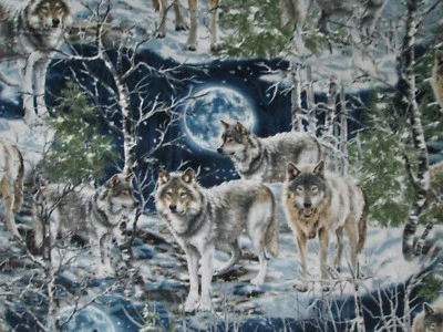 REALISTIC WOLF WOLVES SNOW SPIRIT ANIMALS FULL MOON BLUE COTTON FABRIC BTHY - Image 1 of 4