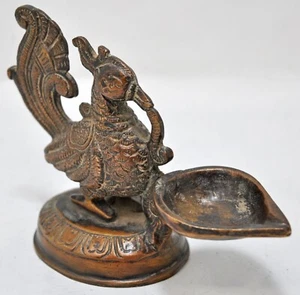Antique Brass Bird Design Diya Lamp Original Old Hand Crafted Engraved - Picture 1 of 8
