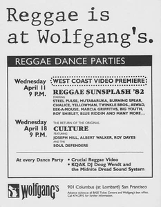 REGGAE SUNSPLASH and CULTURE at Wolfgang's San Francisco April 11th & 18th 1984 - Picture 1 of 1
