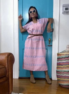 Kaftan Handwoven dress Mexican huipil San Juan Colorado Pinstripe Pink White - Picture 1 of 9